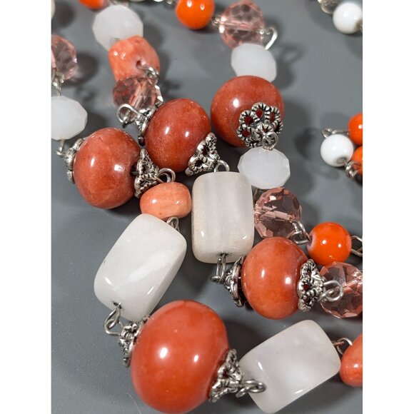 Boho Coastal Chic White Orange Brown Stone Layered Necklace 17" - Picture 8 of 9